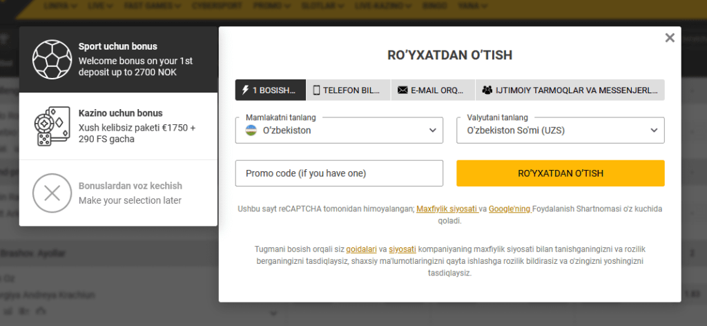 Melbet rasmiy veb-saytida ro'yxatdan o'tish